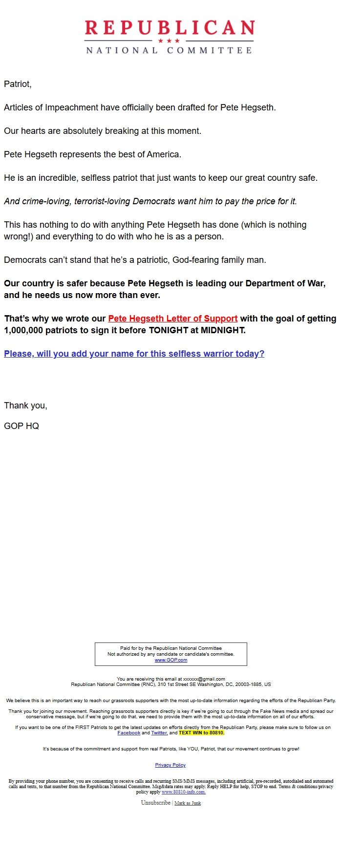 Screenshot of the email generated on import