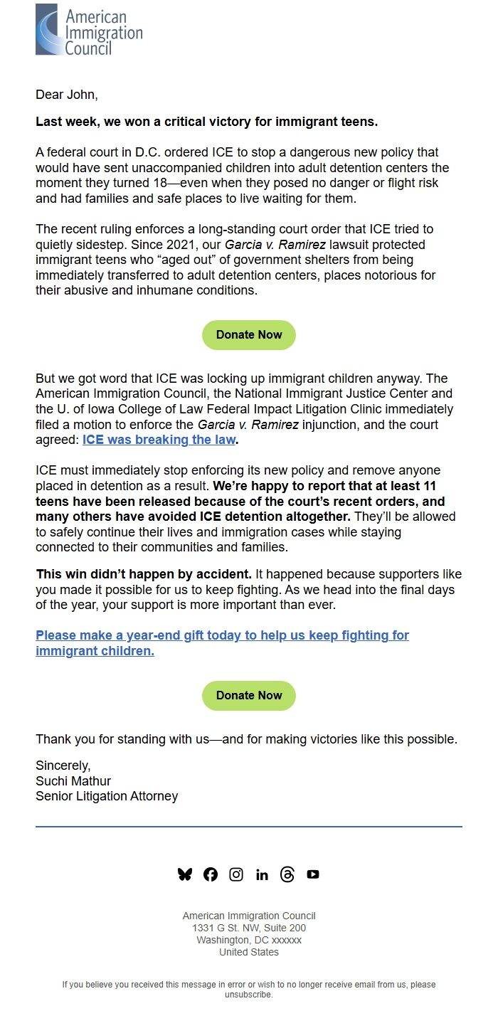 Screenshot of the email generated on import