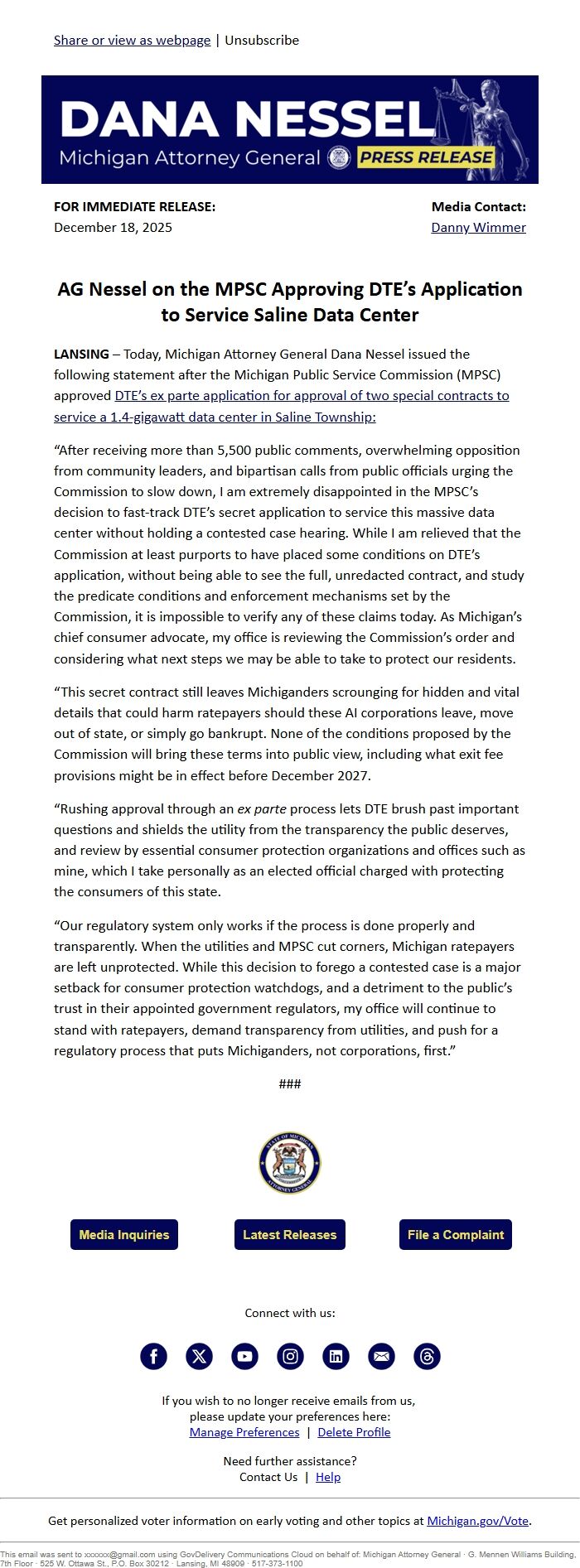 Screenshot of the email generated on import