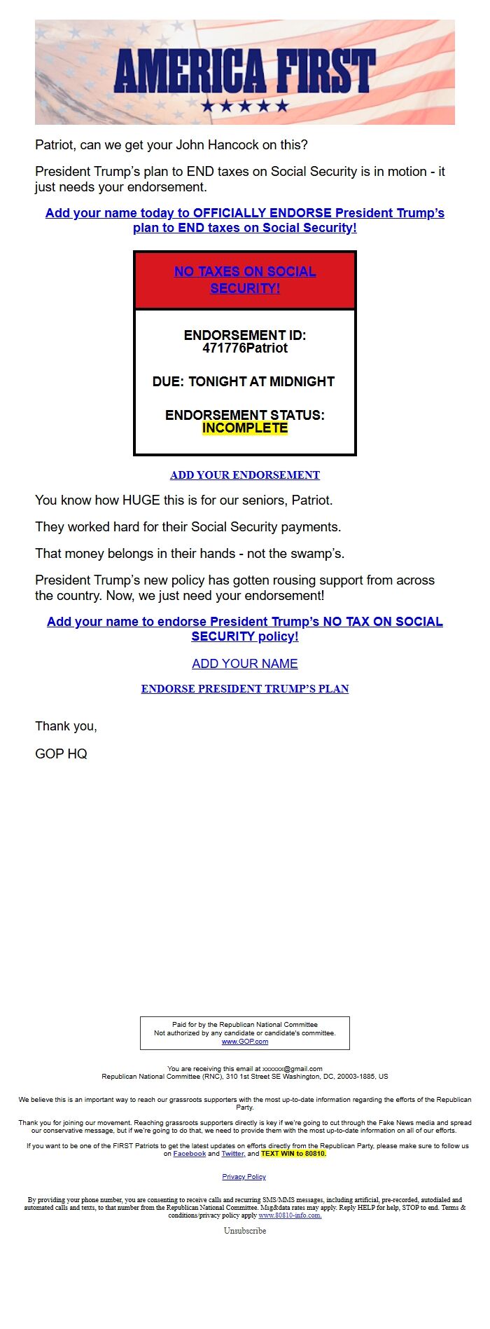 Screenshot of the email generated on import