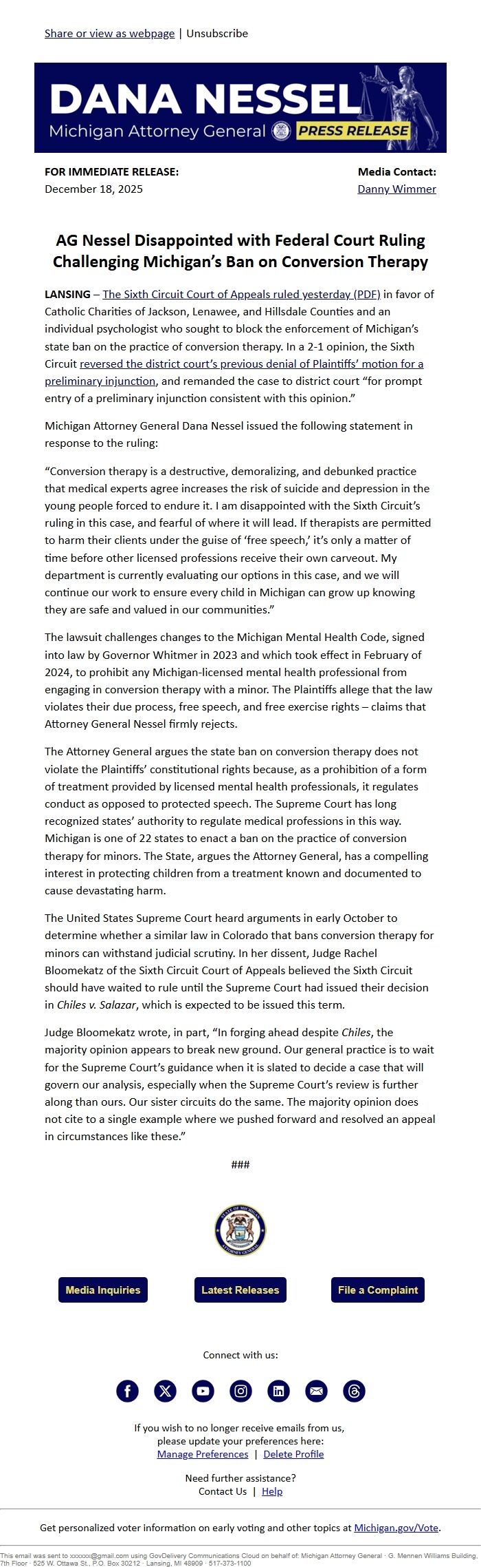 Screenshot of the email generated on import