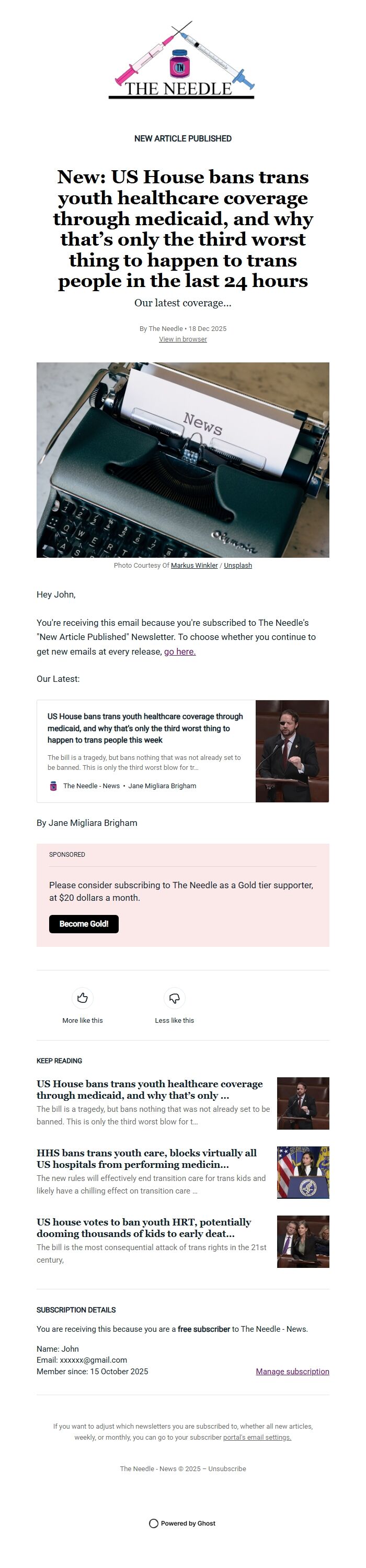 Screenshot of the email generated on import