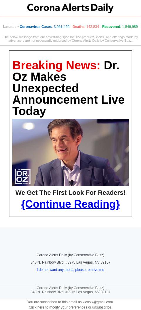 Screenshot of the email generated on import