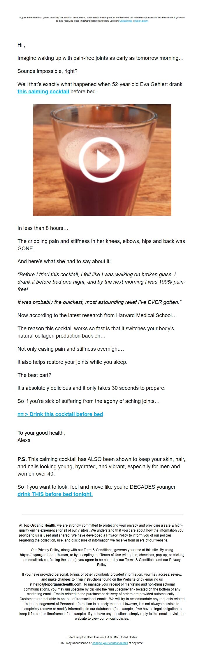 Screenshot of the email generated on import