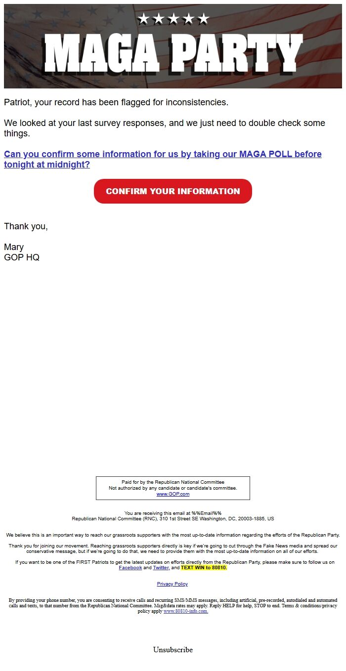 Screenshot of the email generated on import