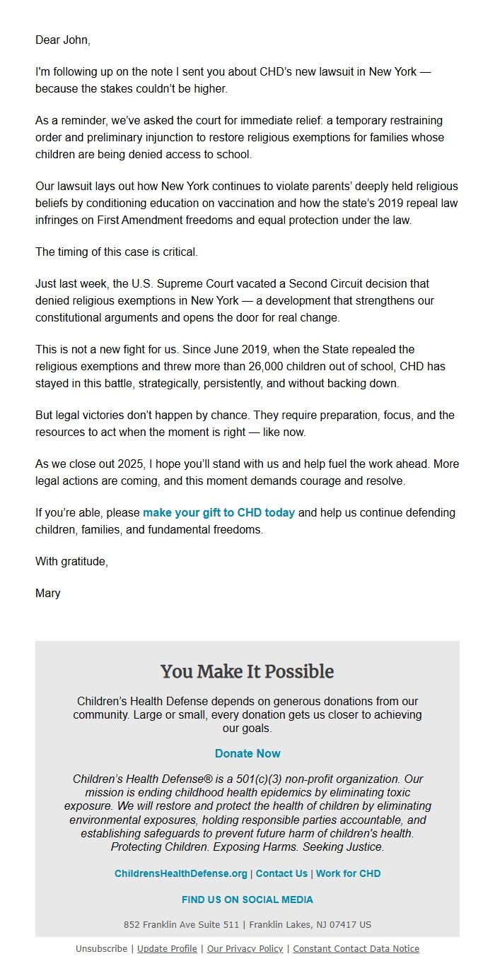 Screenshot of the email generated on import