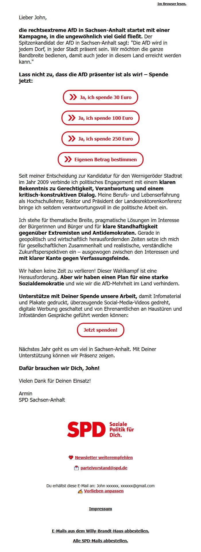 Screenshot of the email generated on import