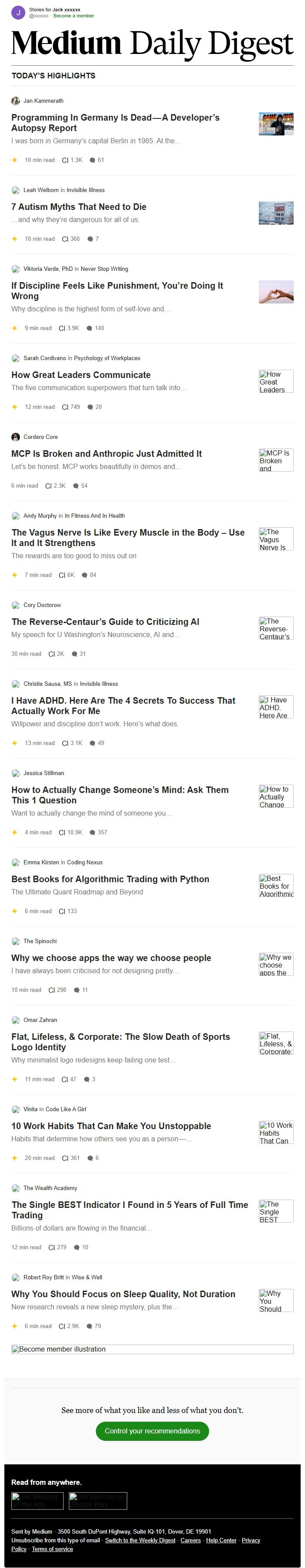 Screenshot of the email generated on import