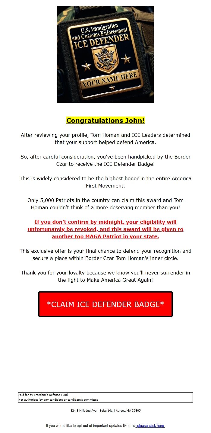 Screenshot of the email generated on import