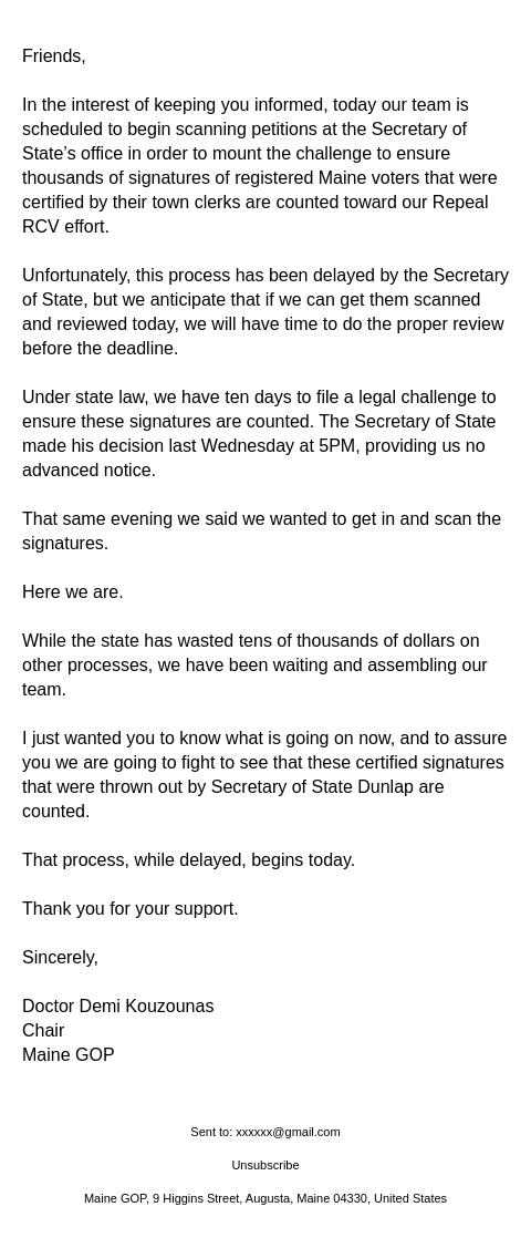 Screenshot of the email generated on import