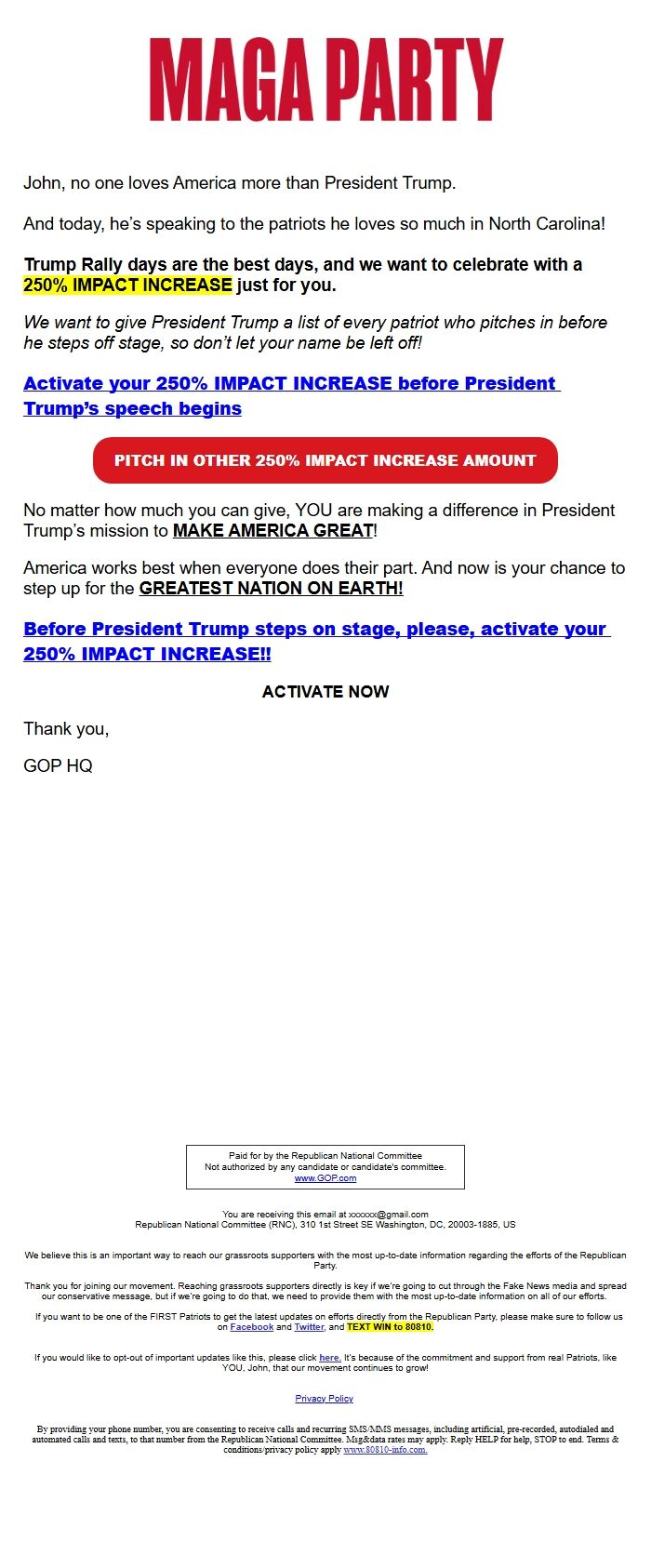 Screenshot of the email generated on import