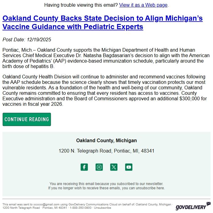 Screenshot of the email generated on import