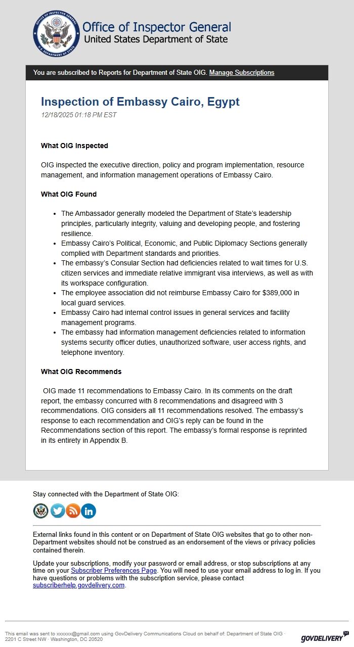 Screenshot of the email generated on import