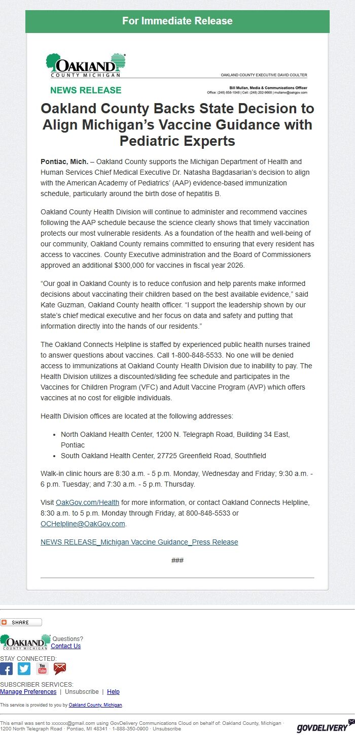 Screenshot of the email generated on import