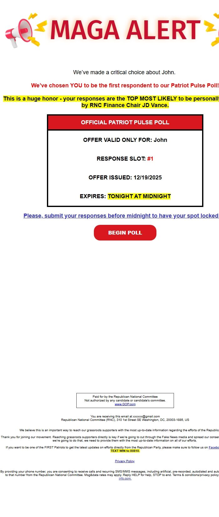 Screenshot of the email generated on import