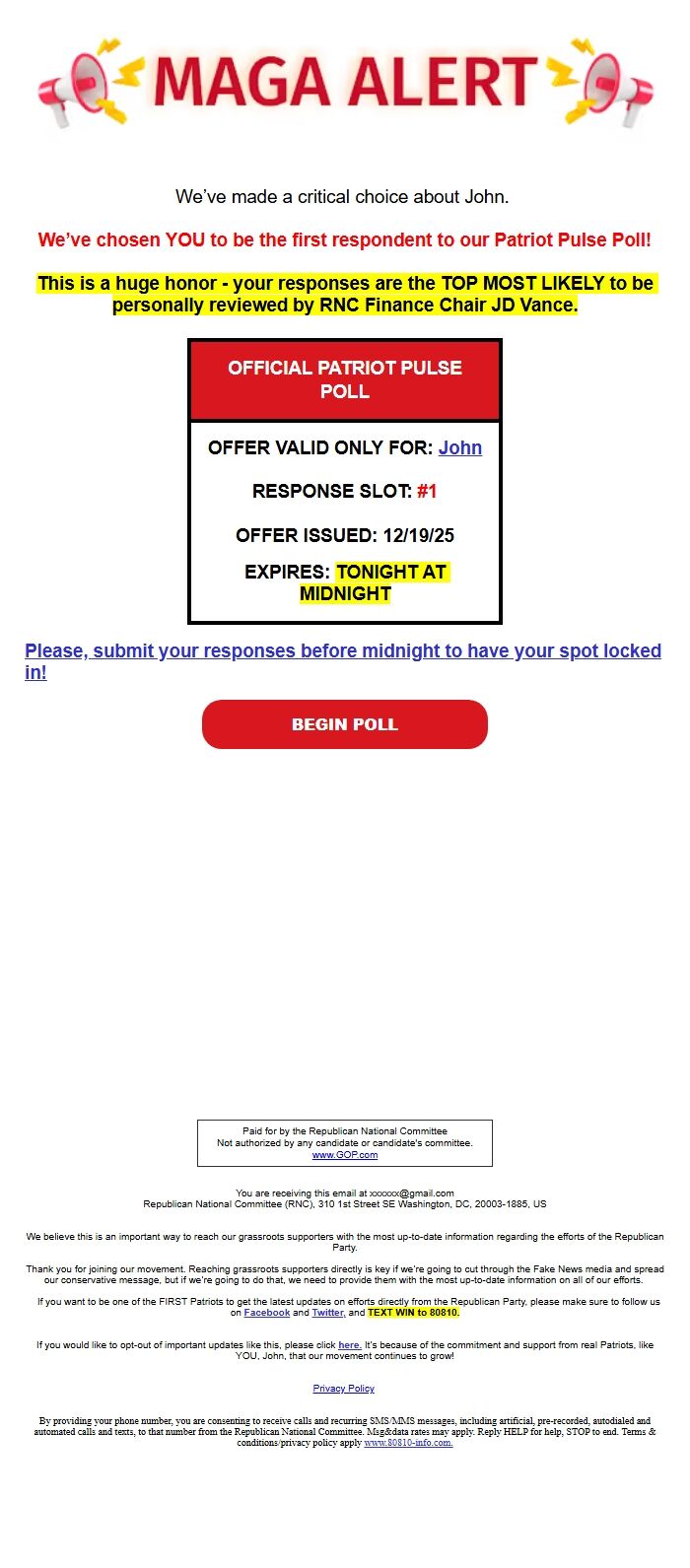 Screenshot of the email generated on import