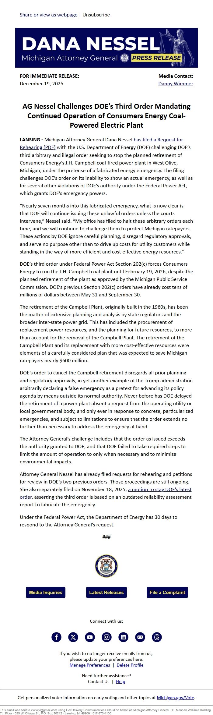 Screenshot of the email generated on import