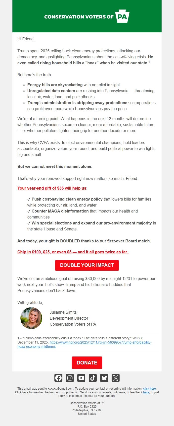 Screenshot of the email generated on import