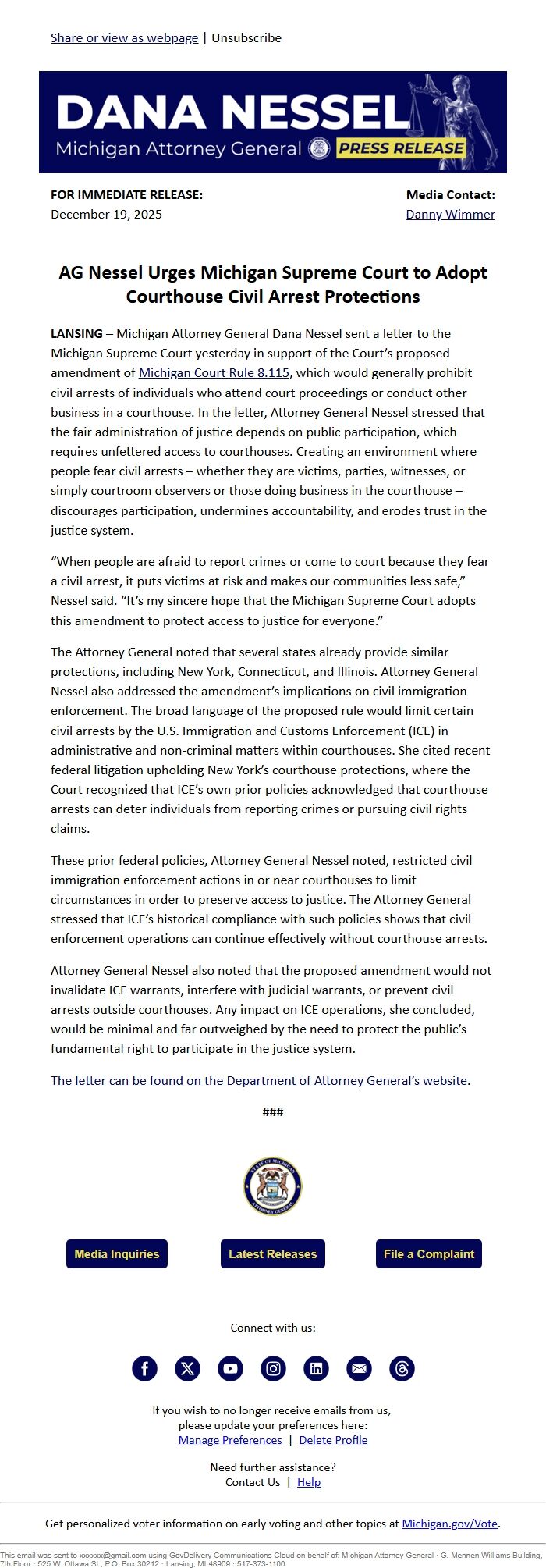 Screenshot of the email generated on import