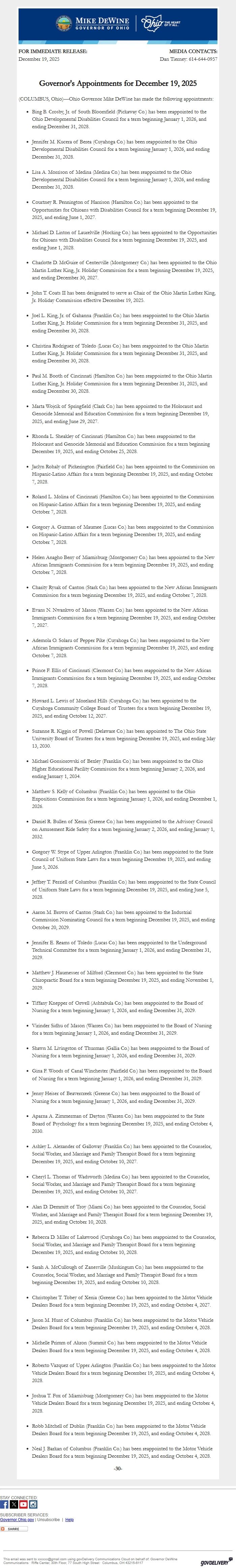 Screenshot of the email generated on import