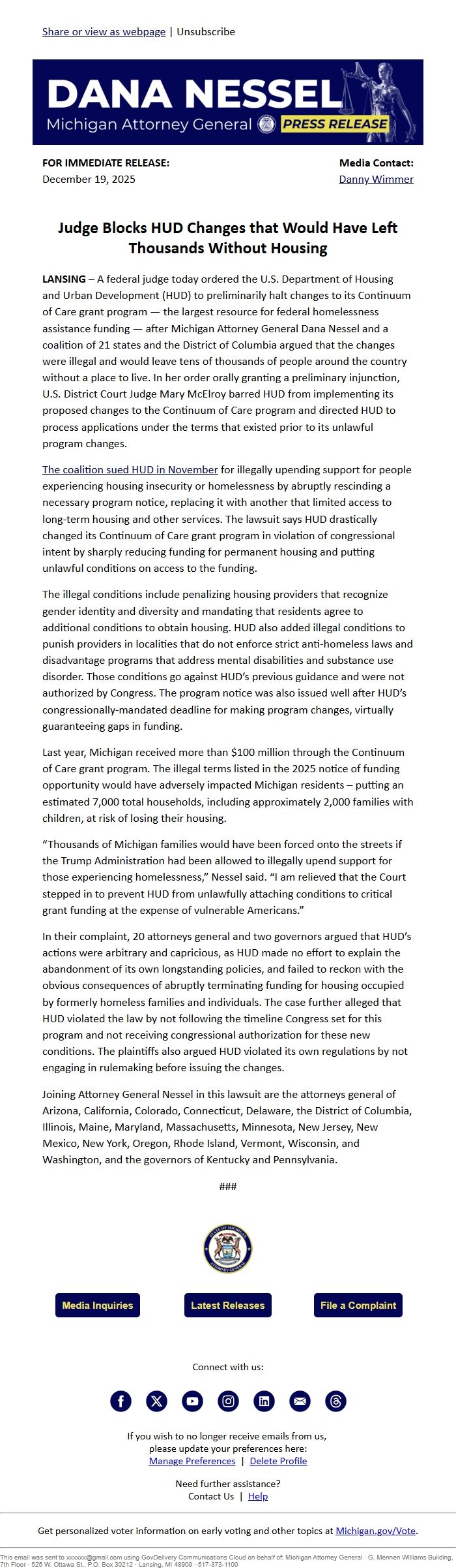 Screenshot of the email generated on import