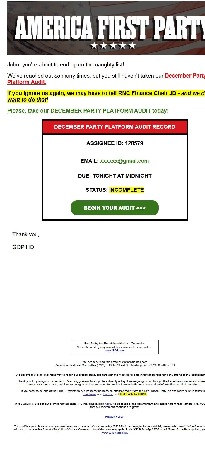 Screenshot of the email generated on import