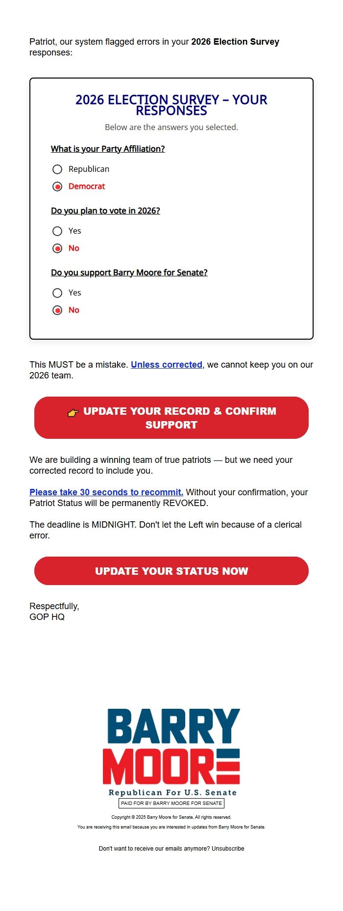 Screenshot of the email generated on import