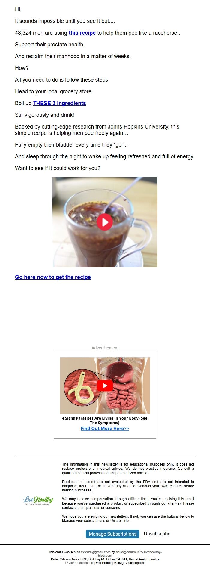 Screenshot of the email generated on import