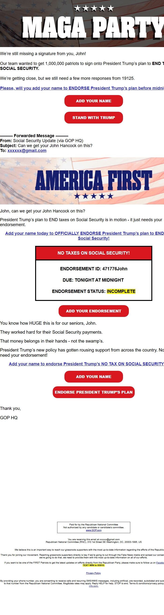 Screenshot of the email generated on import