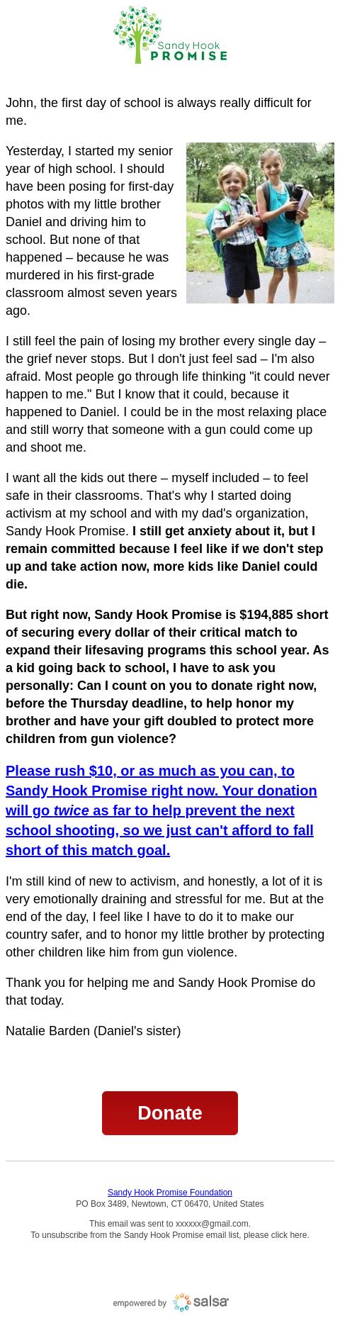 Screenshot of the email generated on import