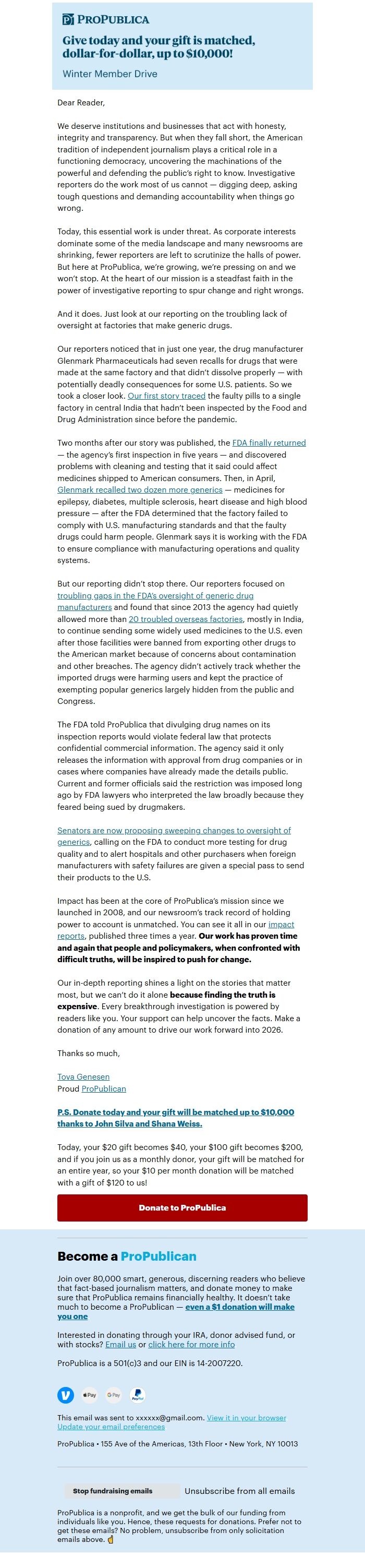 Screenshot of the email generated on import