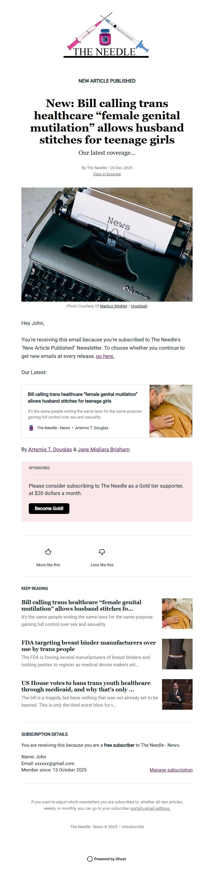 Screenshot of the email generated on import