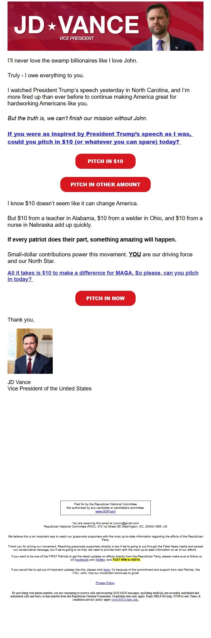 Screenshot of the email generated on import