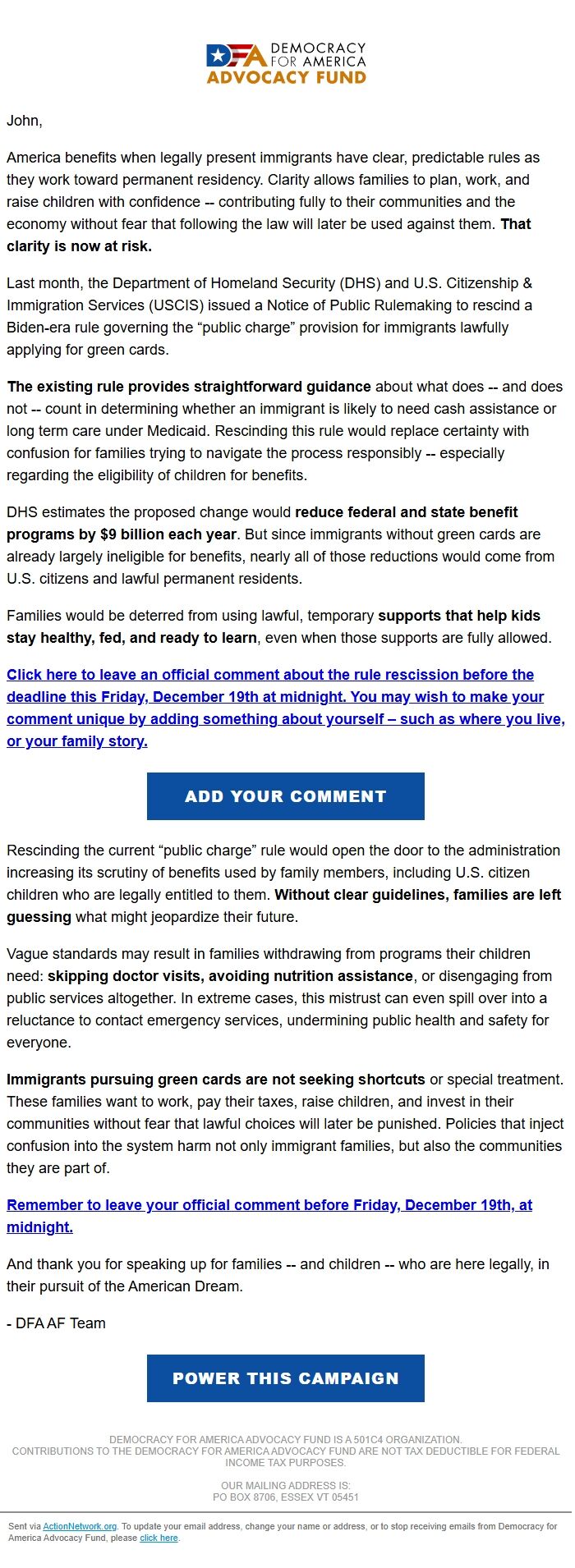 Screenshot of the email generated on import