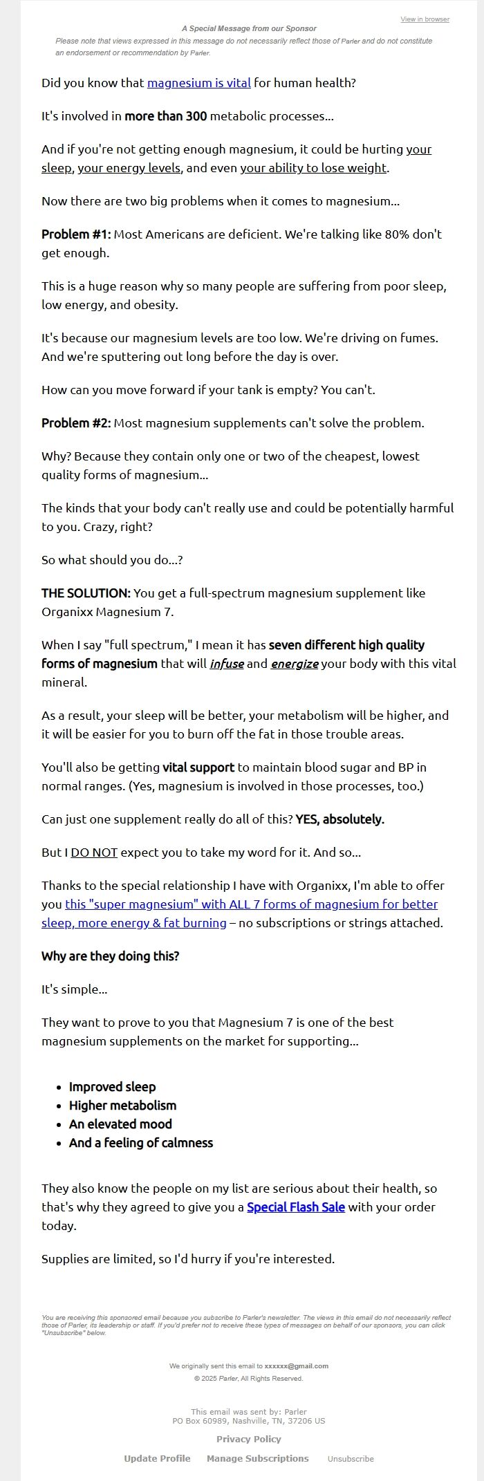 Screenshot of the email generated on import