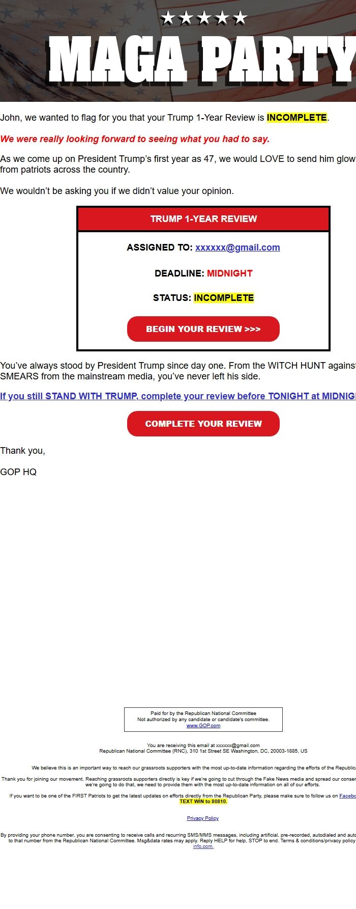 Screenshot of the email generated on import