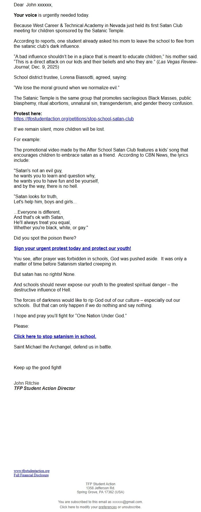 Screenshot of the email generated on import