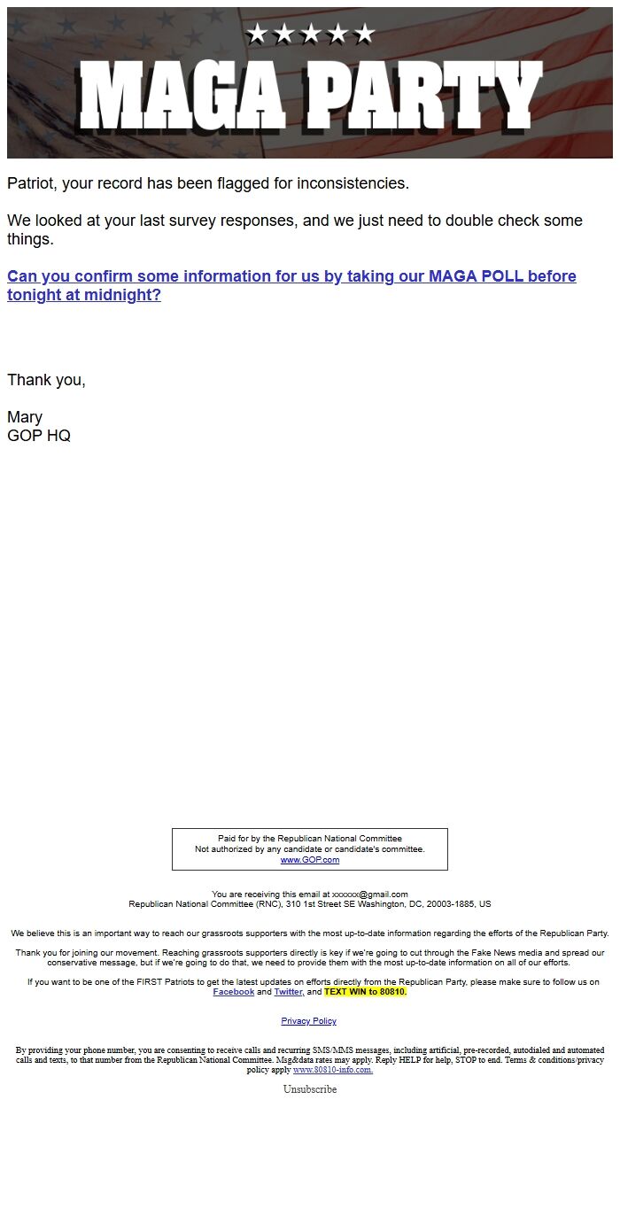 Screenshot of the email generated on import