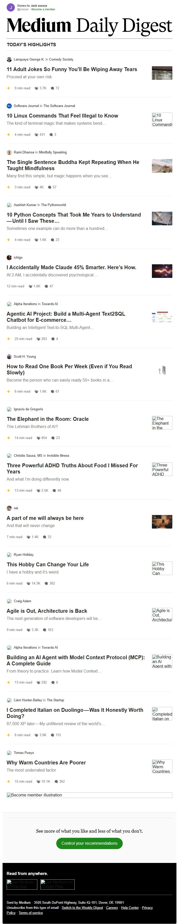 Screenshot of the email generated on import