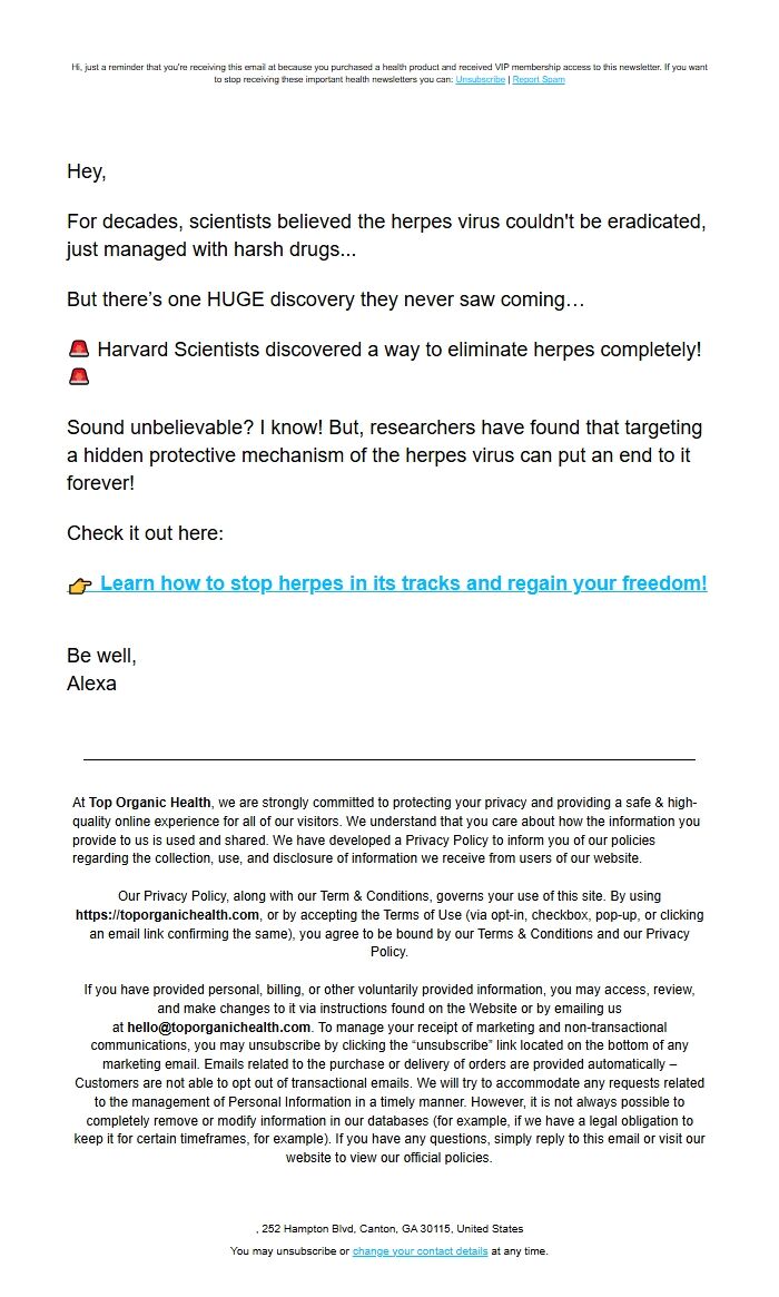 Screenshot of the email generated on import