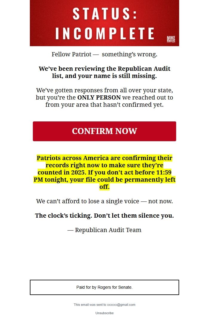 Screenshot of the email generated on import