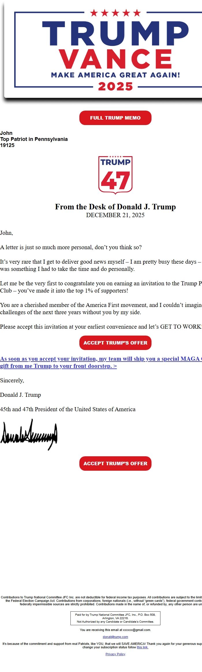 Screenshot of the email generated on import