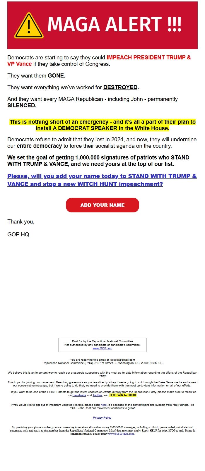 Screenshot of the email generated on import