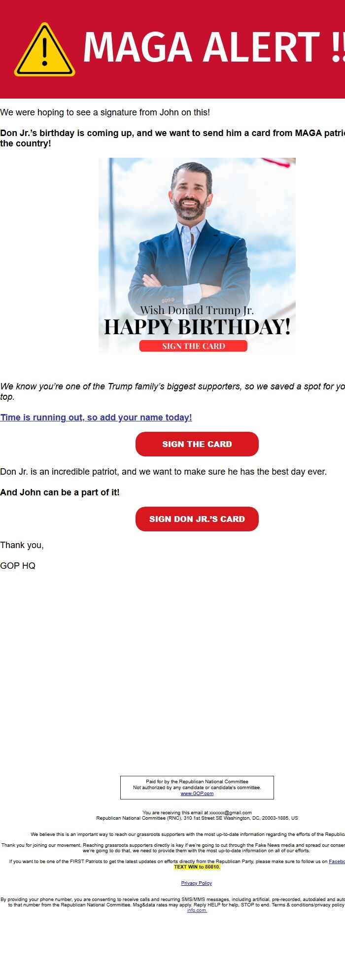 Screenshot of the email generated on import