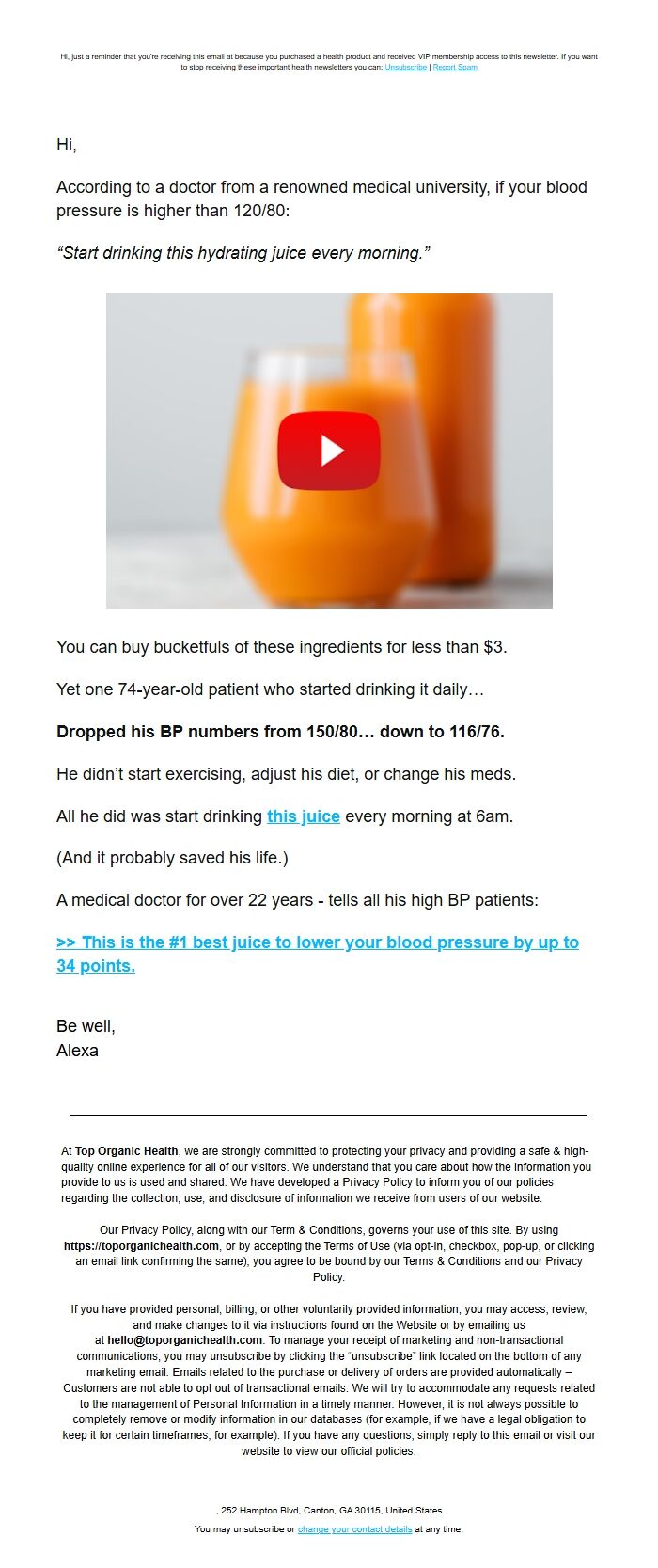 Screenshot of the email generated on import