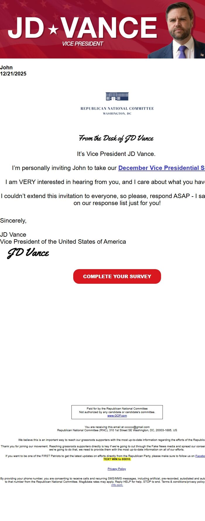 Screenshot of the email generated on import