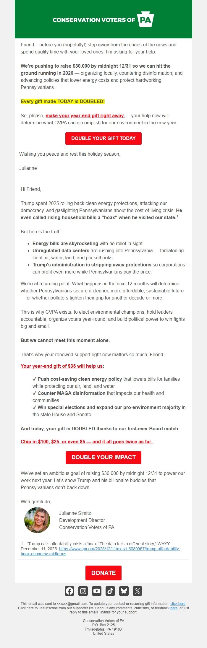 Screenshot of the email generated on import