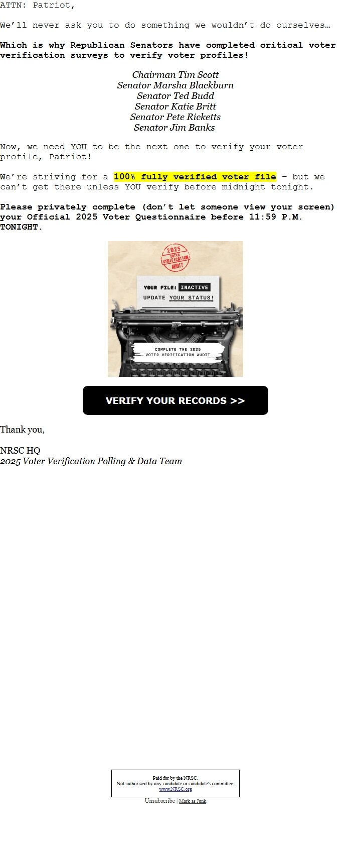 Screenshot of the email generated on import