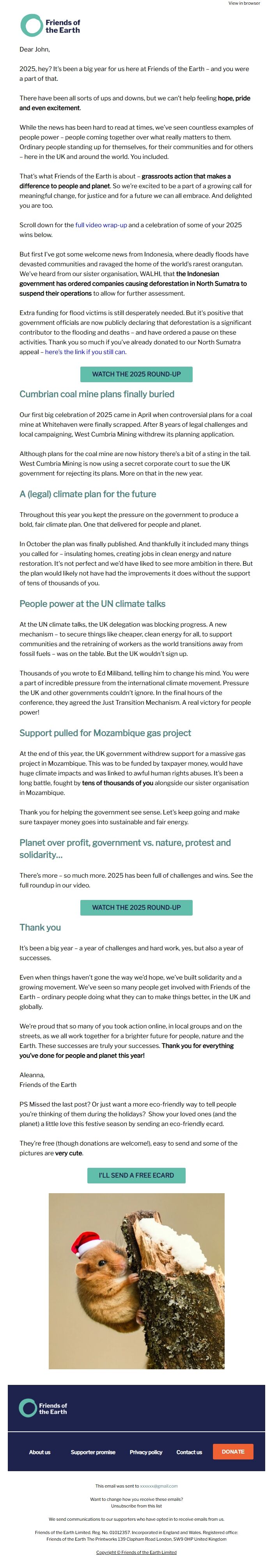 Screenshot of the email generated on import