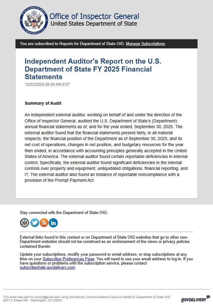 Screenshot of the email generated on import